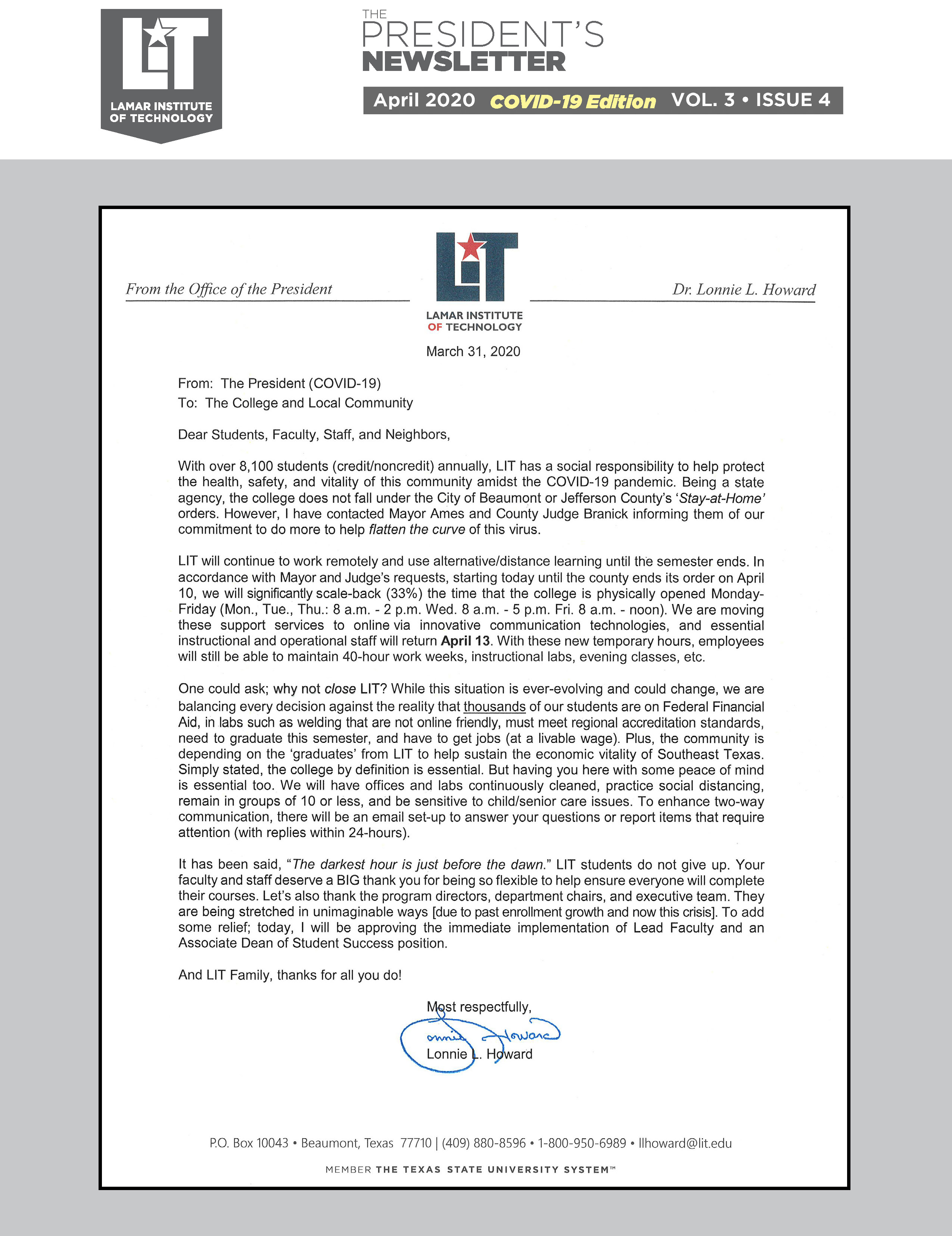 LIT President’s Letter on COVID-19