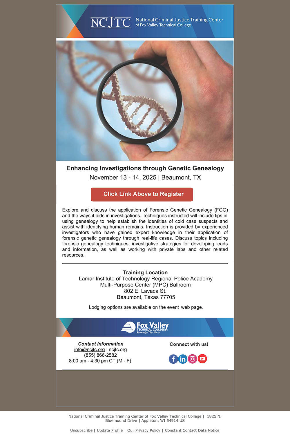 November 13-14 (8:00 AM - 5:00 PM) - Enhancing Investigation Through Genetic Genealogy November 13-14 (8:00 AM - 5:00 PM) - Enhancing Investigation Through Genetic Genealogy