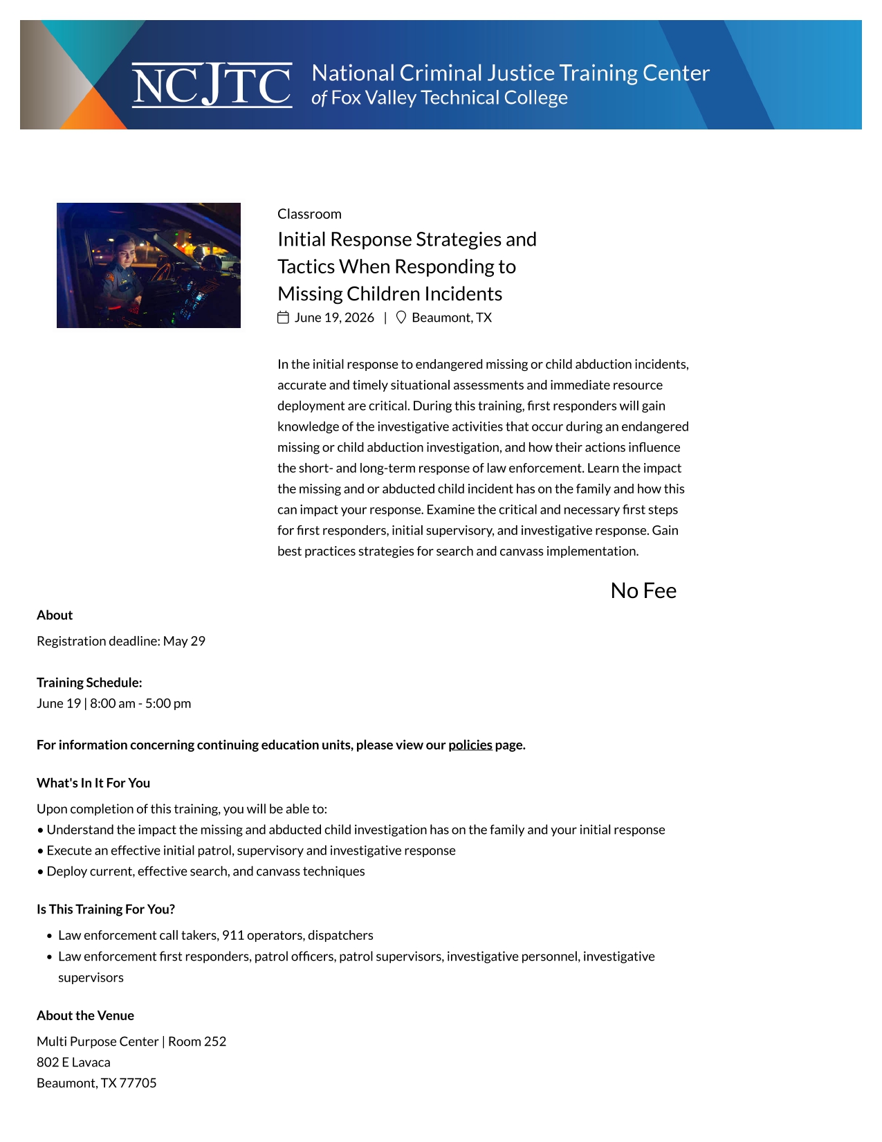 Initial Response Strategies and Tactics When Responding to Missing Children Incidents Course - June 19, 2026